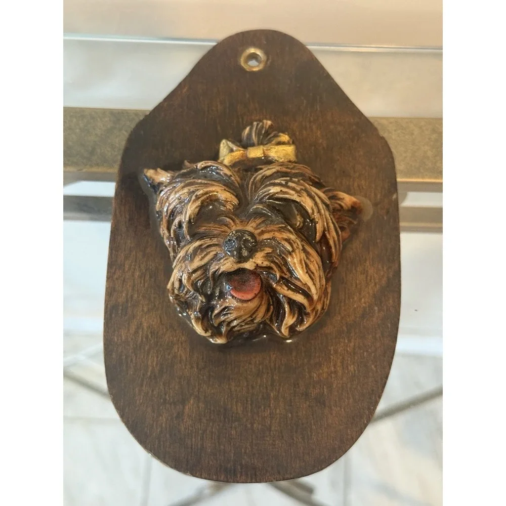 Vintage 3D Yorkshire Terrier Dog Wood Wall Plaque Collectible 1970s